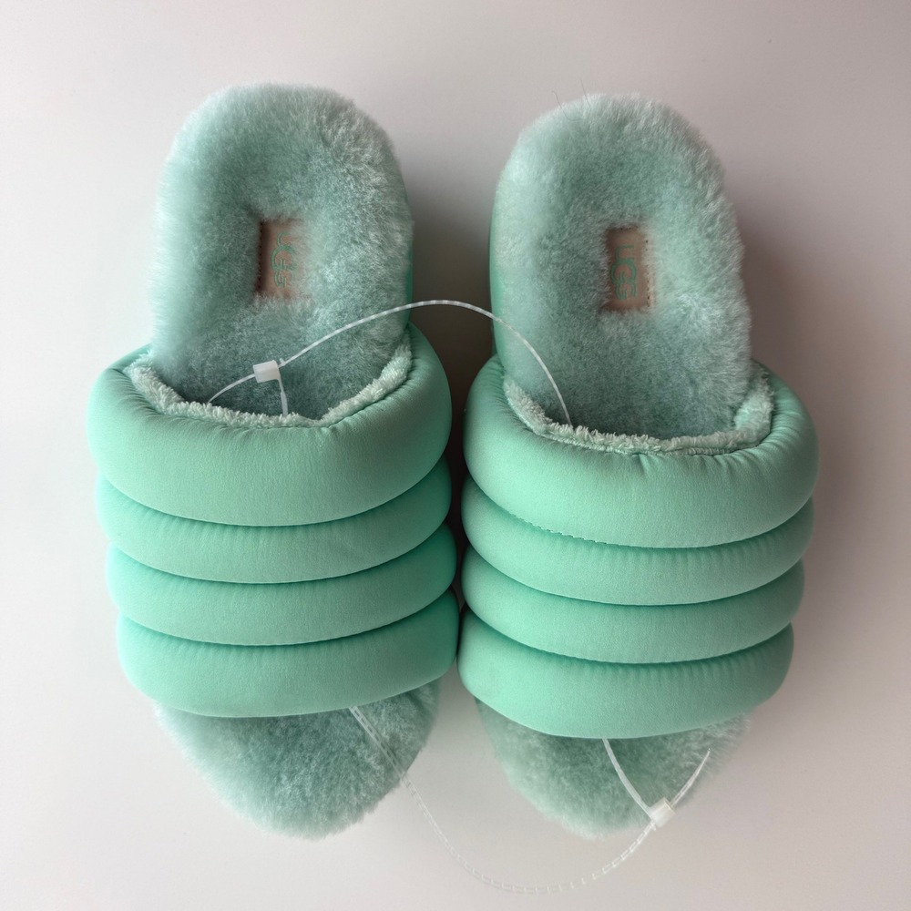 UGG NWOB Maxi Slide in Pale Emerald Quilted Puff Lug Sole Slipper Sandal sz 6